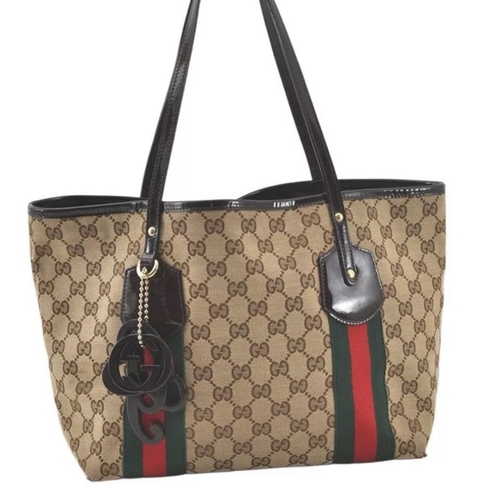 Gucci Brown GG Canvas Shoulder Bag with Green and Red Web